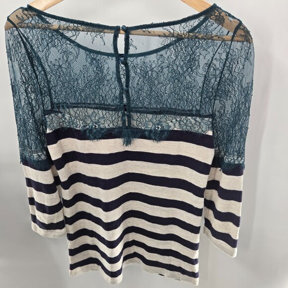 Anthropologie Blue White Striped Lace and Lines Pullover Long Sleeved Top - Picture 2 of 13